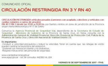 Circulaci&oacute;n Restringida en las Rutas  N&ordm;3 y  N&ordm;40 por vientos fuertes y r&aacute;fagas 